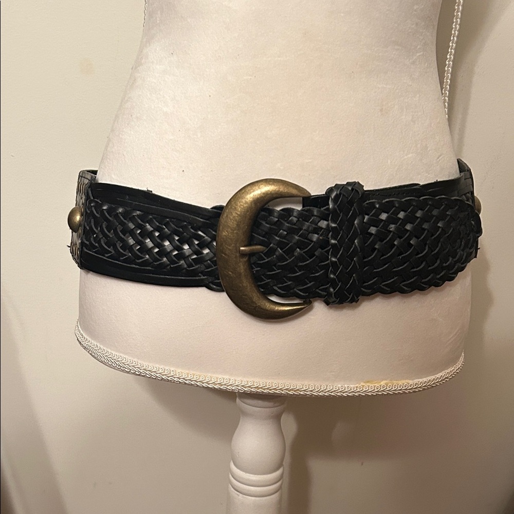 Black Braided Leather Belt with Brass Crescent Buckle – Western Boho Style